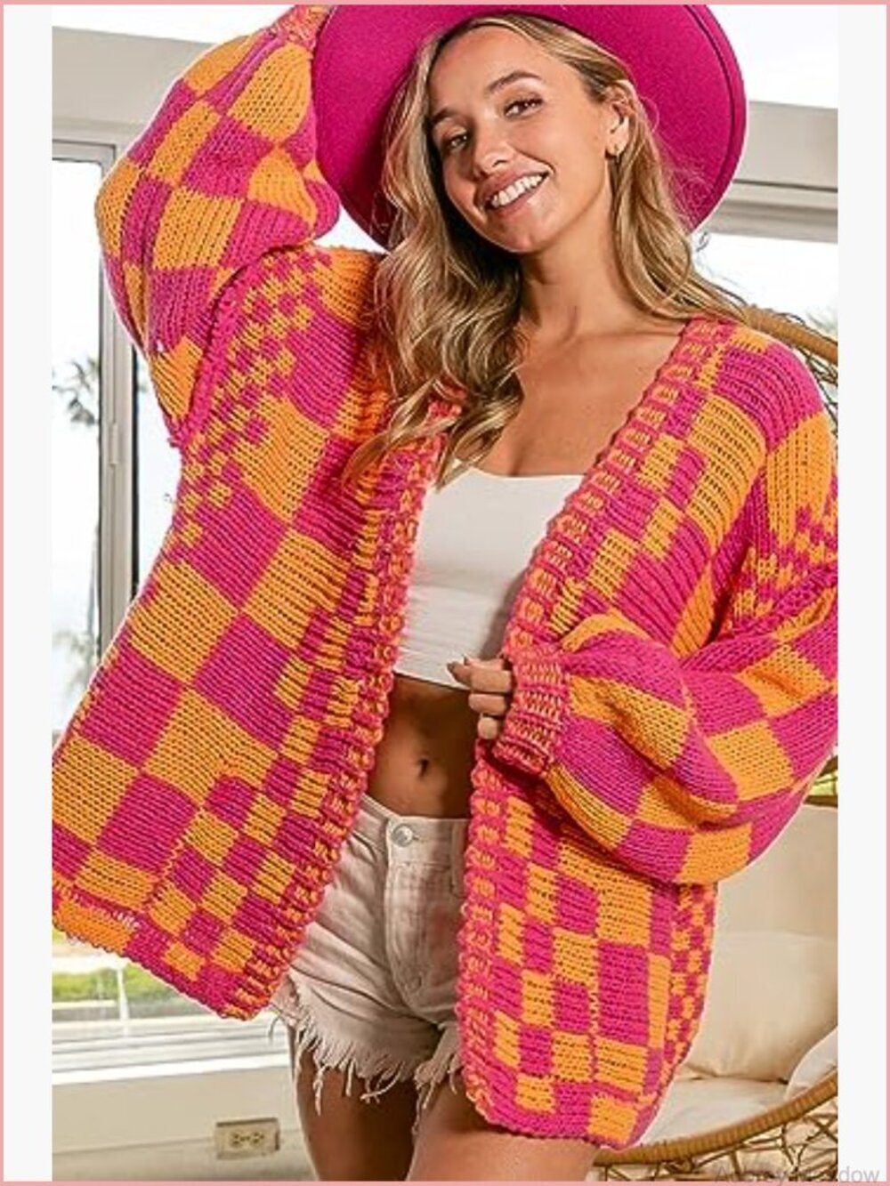 Open Front Chunky Knit Cardigan Sweater Long Sleeve Plaid - Picture 4 of 7